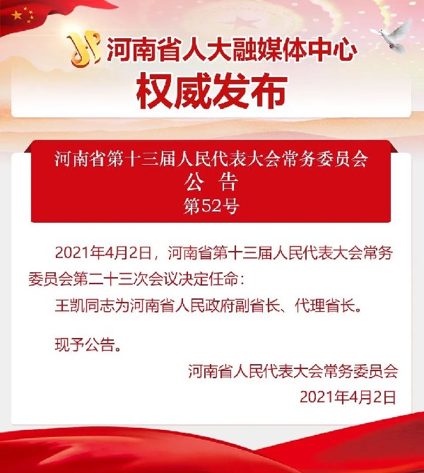 王凯任河南省副省长、代理省长 附个人简历